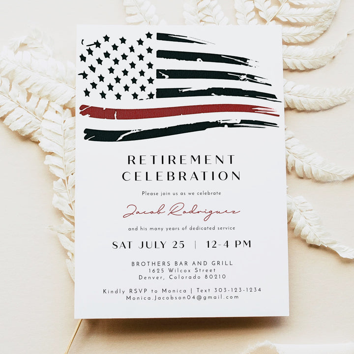 FIREFIGHTER White Thin Red Line American Flag Firefighter Retirement Party Invitation