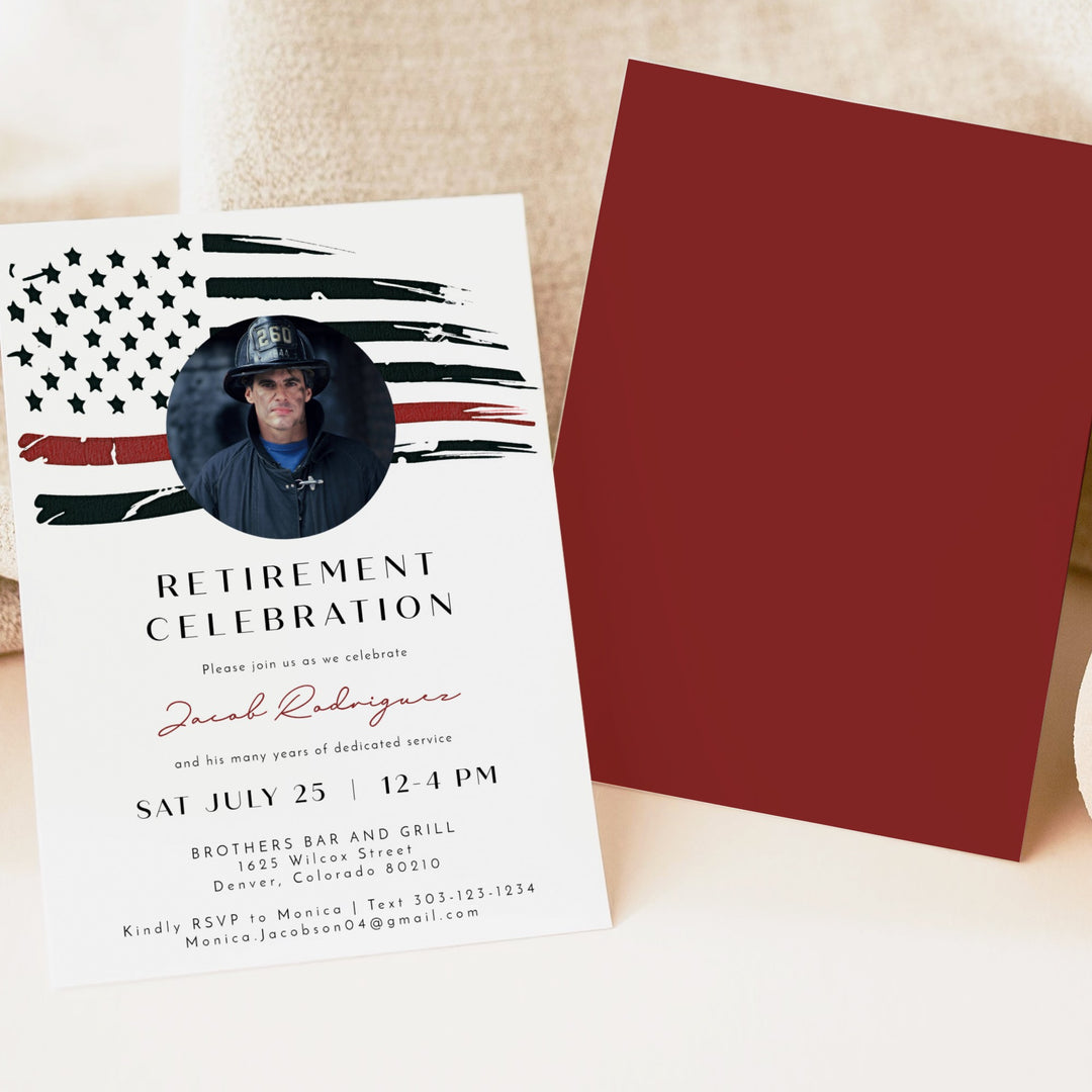 FIREFIGHTER Thin Red Line American Flag Firefighter Retirement Party Invitation with Photo