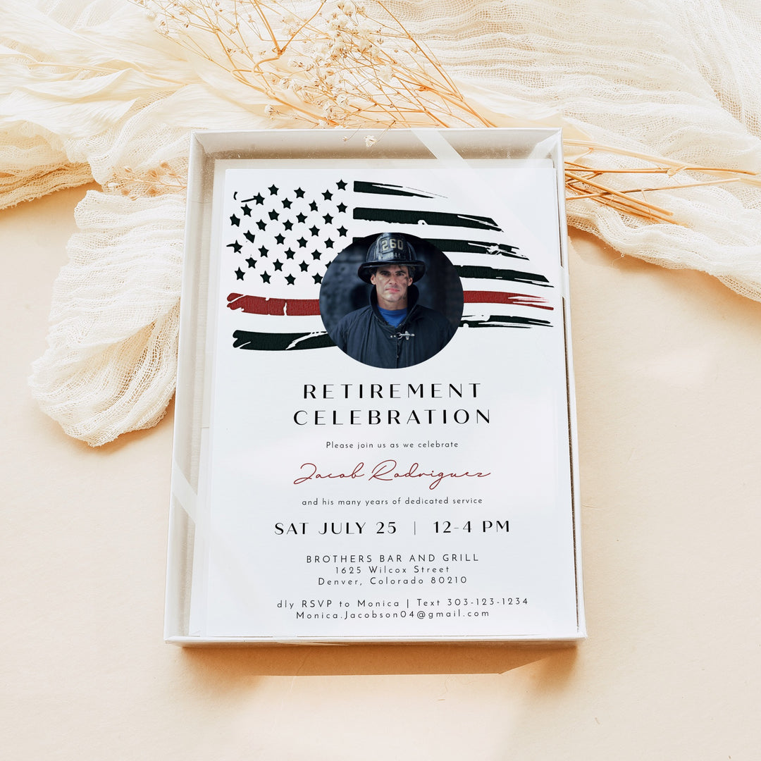 FIREFIGHTER Thin Red Line American Flag Firefighter Retirement Party Invitation with Photo