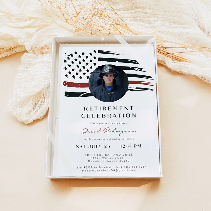 FIREFIGHTER Thin Red Line American Flag Firefighter Retirement Party Invitation with Photo