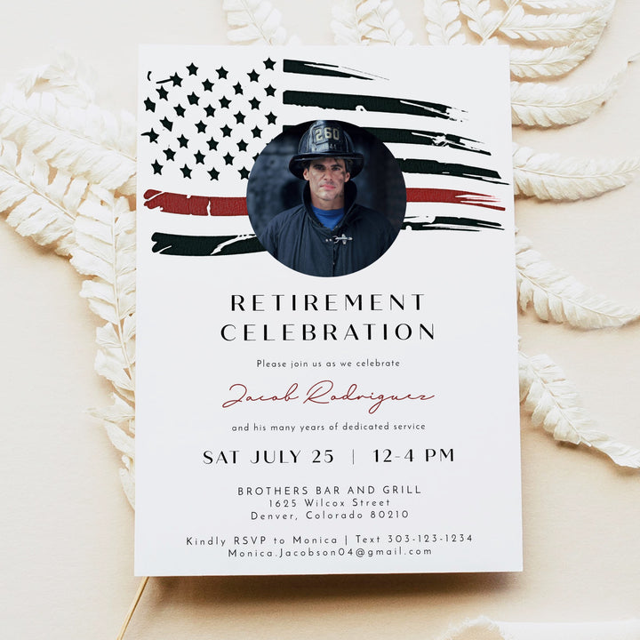 FIREFIGHTER Thin Red Line American Flag Firefighter Retirement Party Invitation with Photo