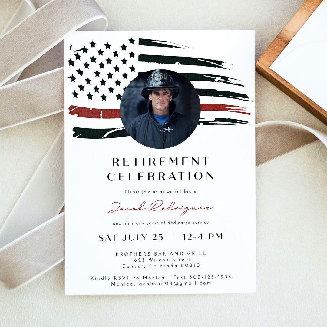 FIREFIGHTER Thin Red Line American Flag Firefighter Retirement Party Invitation with Photo