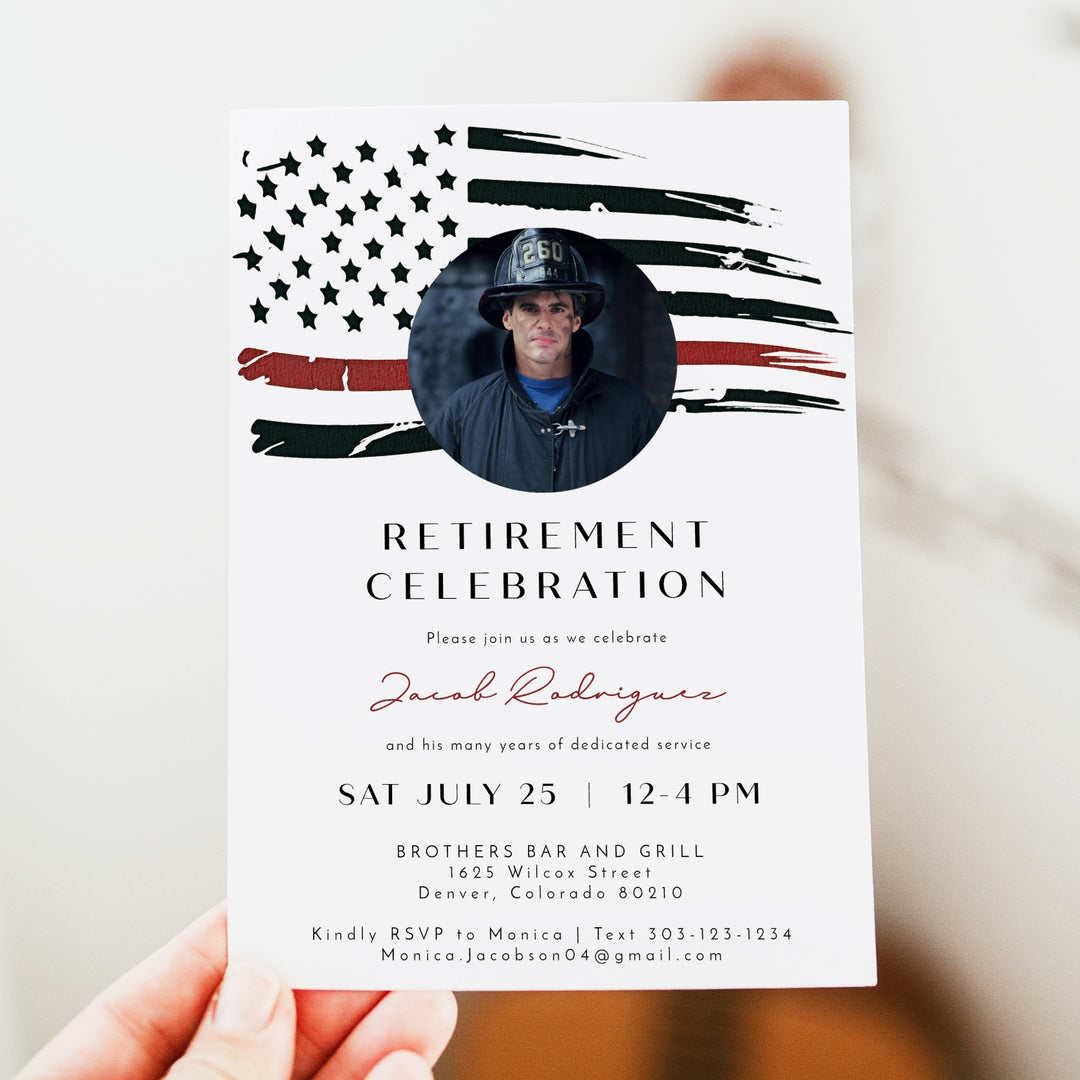 FIREFIGHTER Thin Red Line American Flag Firefighter Retirement Party Invitation with Photo