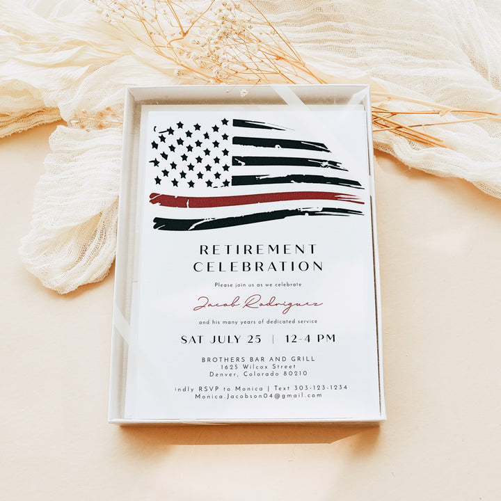 FIREFIGHTER White Thin Red Line American Flag Firefighter Retirement Party Invitation
