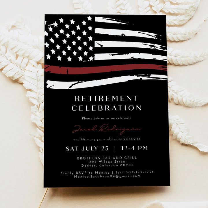 FIREFIGHTER White Black Thin Red Line American Flag Firefighter Retirement Party Invitation