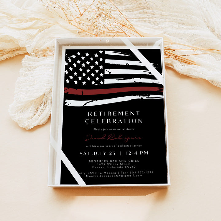 FIREFIGHTER White Black Thin Red Line American Flag Firefighter Retirement Party Invitation