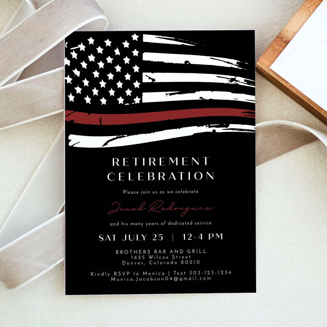 FIREFIGHTER White Black Thin Red Line American Flag Firefighter Retirement Party Invitation