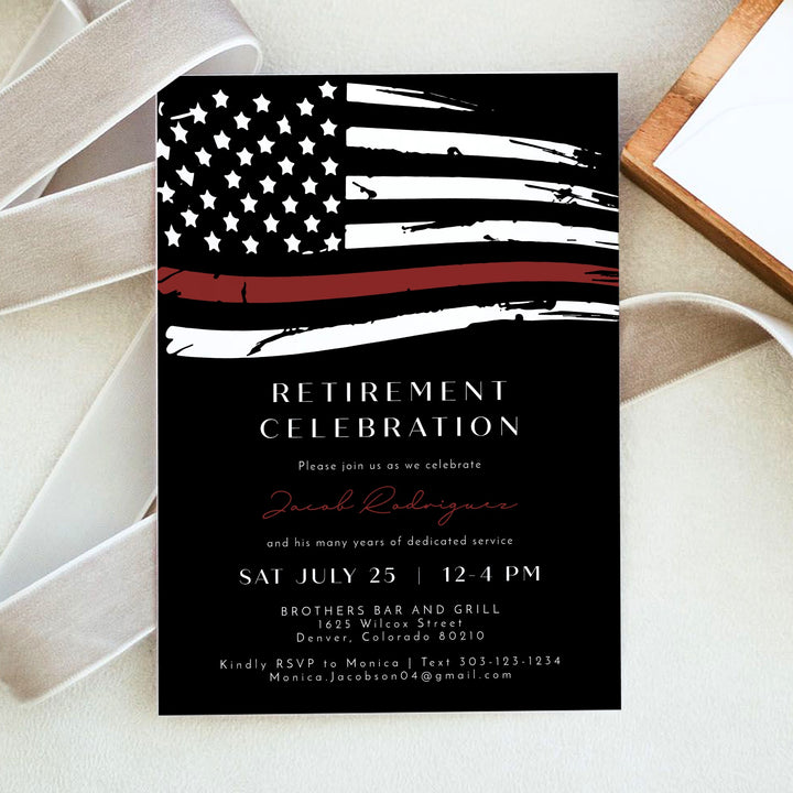 FIREFIGHTER White Black Thin Red Line American Flag Firefighter Retirement Party Invitation