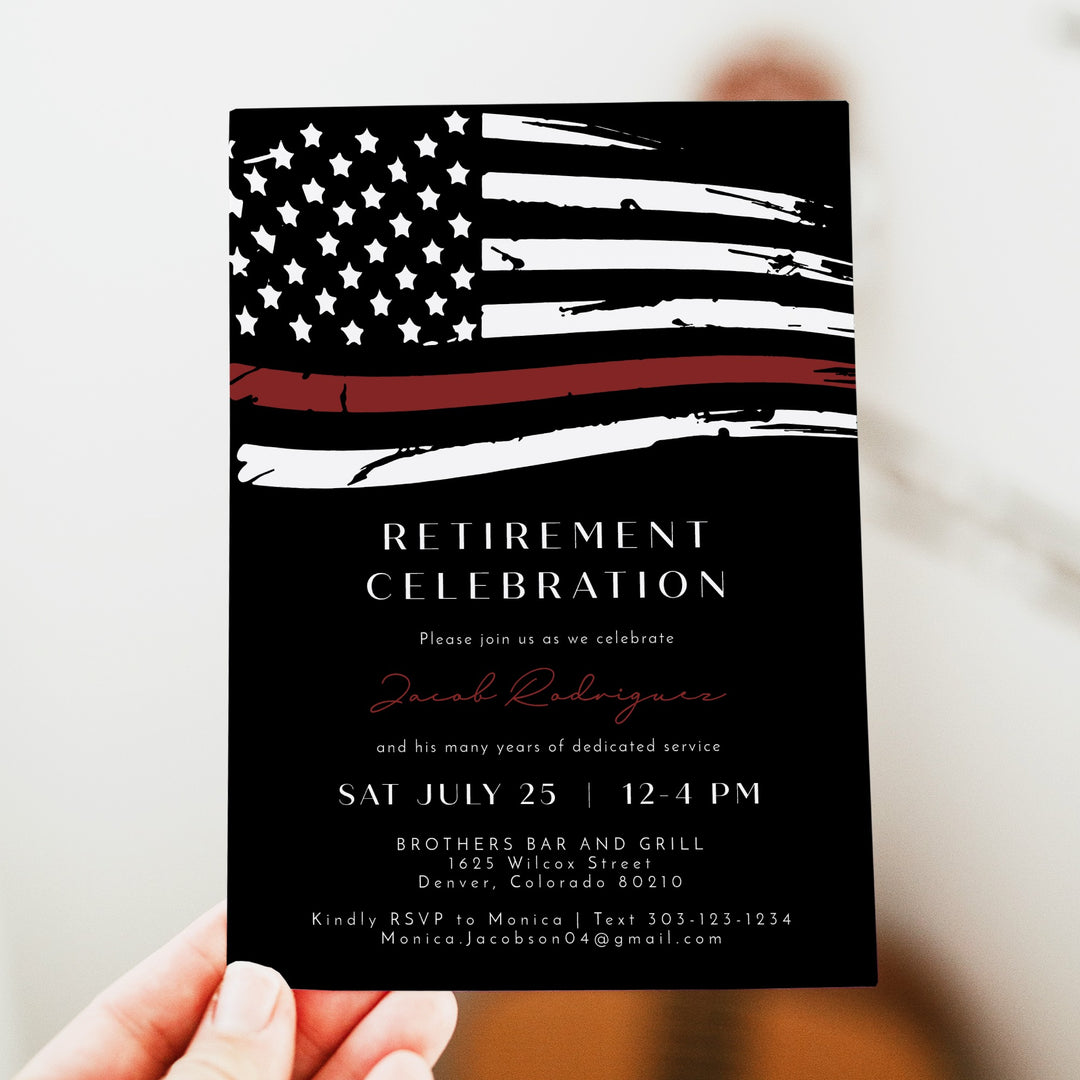 FIREFIGHTER White Black Thin Red Line American Flag Firefighter Retirement Party Invitation