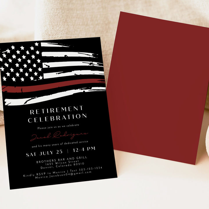 FIREFIGHTER White Black Thin Red Line American Flag Firefighter Retirement Party Invitation
