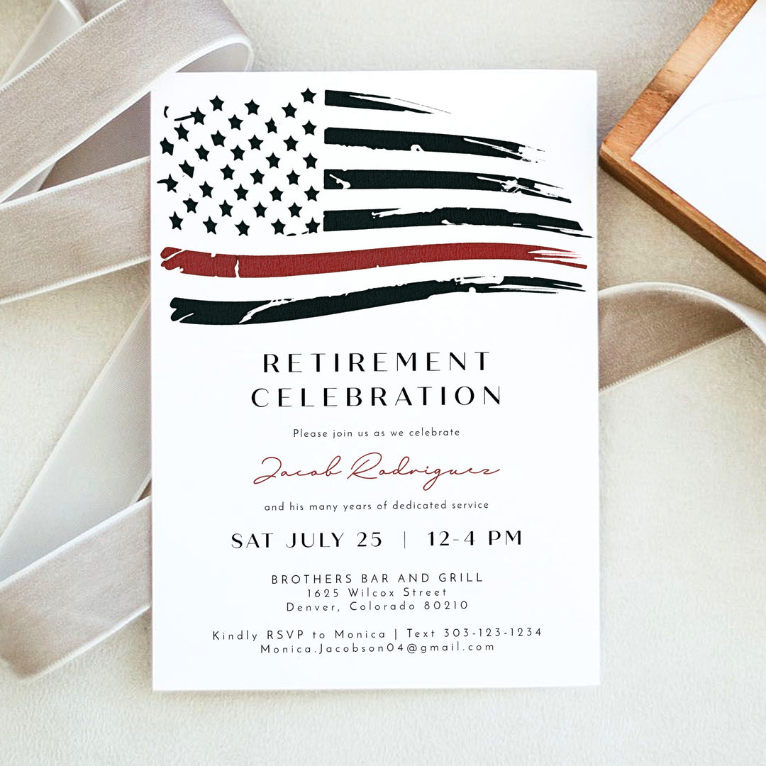 FIREFIGHTER White Thin Red Line American Flag Firefighter Retirement Party Invitation