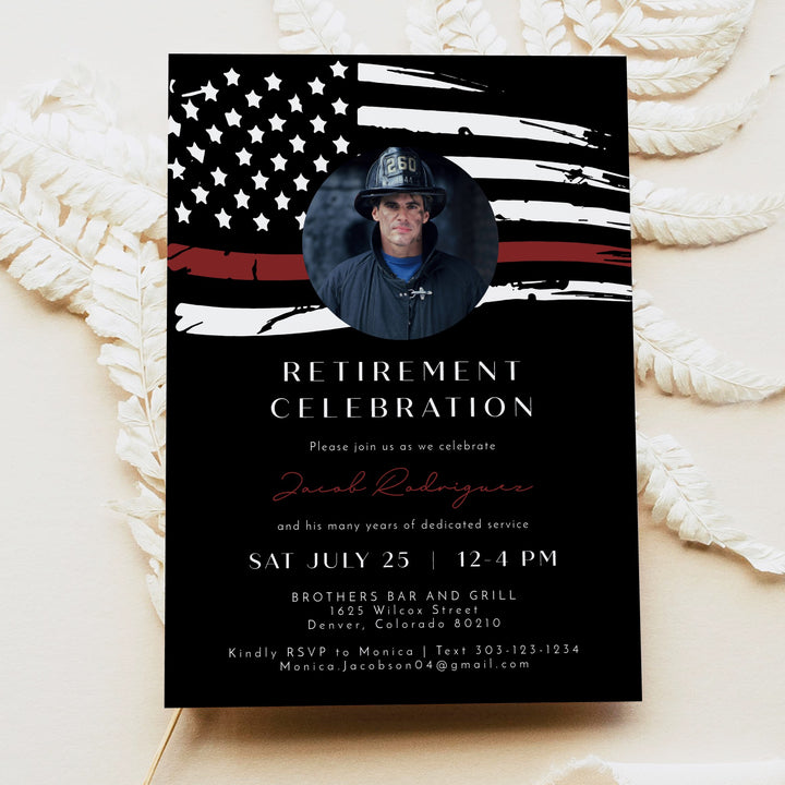 FIREFIGHTER Black Thin Red Line American Flag Firefighter Retirement Party Invitation with Photo