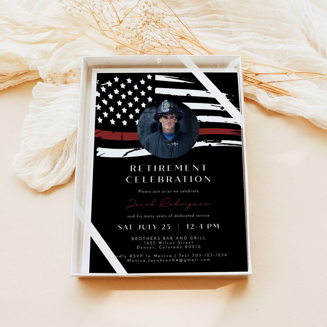 FIREFIGHTER Black Thin Red Line American Flag Firefighter Retirement Party Invitation with Photo
