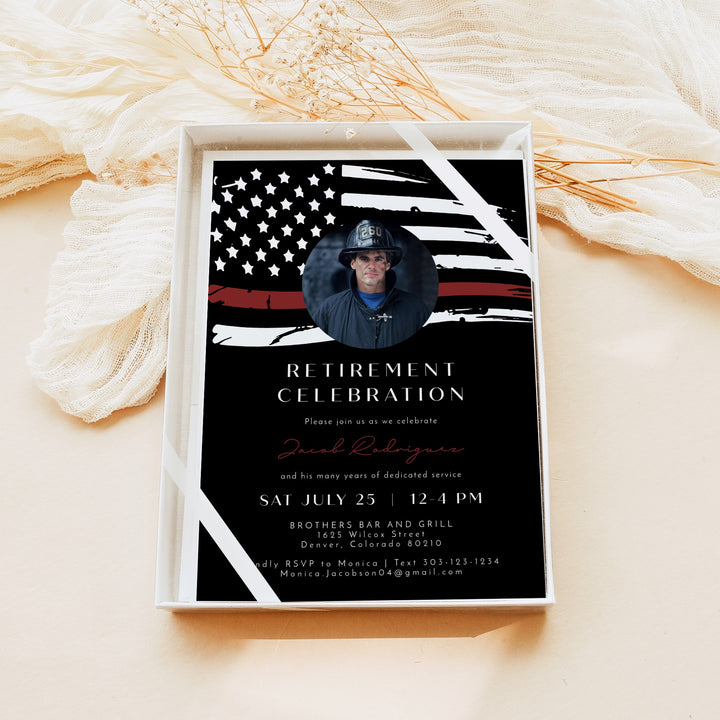 FIREFIGHTER Black Thin Red Line American Flag Firefighter Retirement Party Invitation with Photo