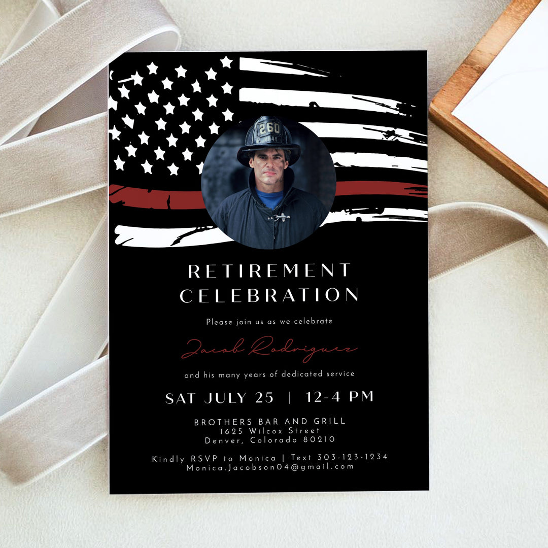 FIREFIGHTER Black Thin Red Line American Flag Firefighter Retirement Party Invitation with Photo