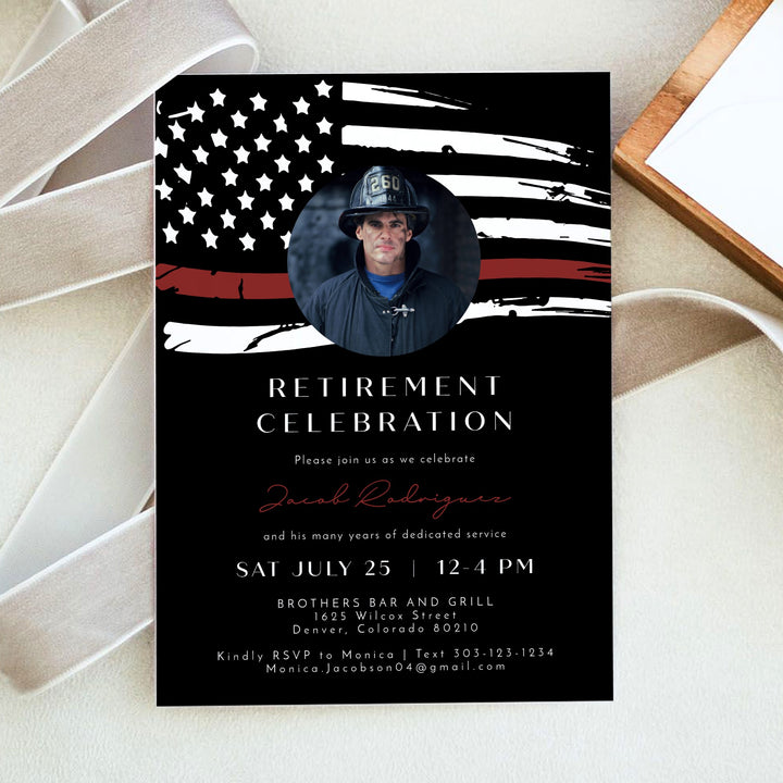 FIREFIGHTER Black Thin Red Line American Flag Firefighter Retirement Party Invitation with Photo