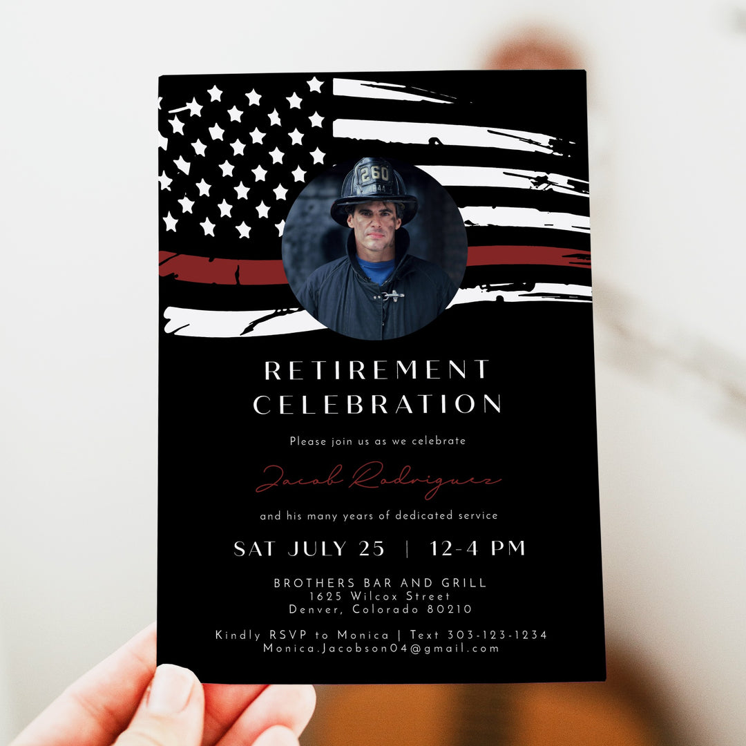 FIREFIGHTER Black Thin Red Line American Flag Firefighter Retirement Party Invitation with Photo