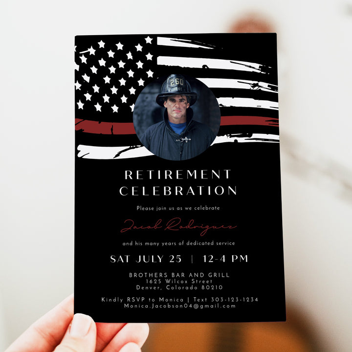FIREFIGHTER Black Thin Red Line American Flag Firefighter Retirement Party Invitation with Photo