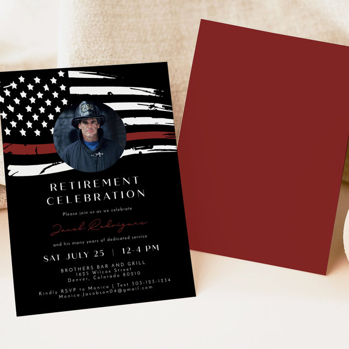 FIREFIGHTER Black Thin Red Line American Flag Firefighter Retirement Party Invitation with Photo