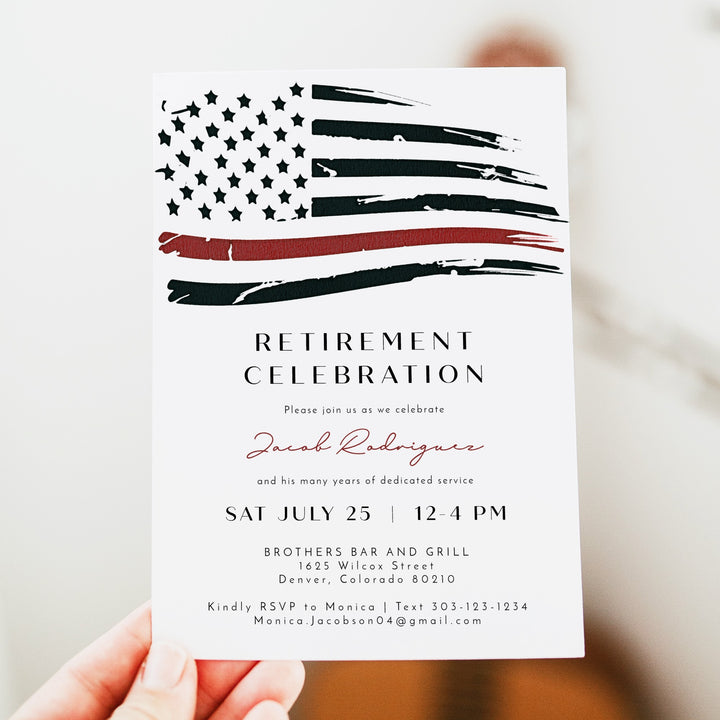 FIREFIGHTER White Thin Red Line American Flag Firefighter Retirement Party Invitation