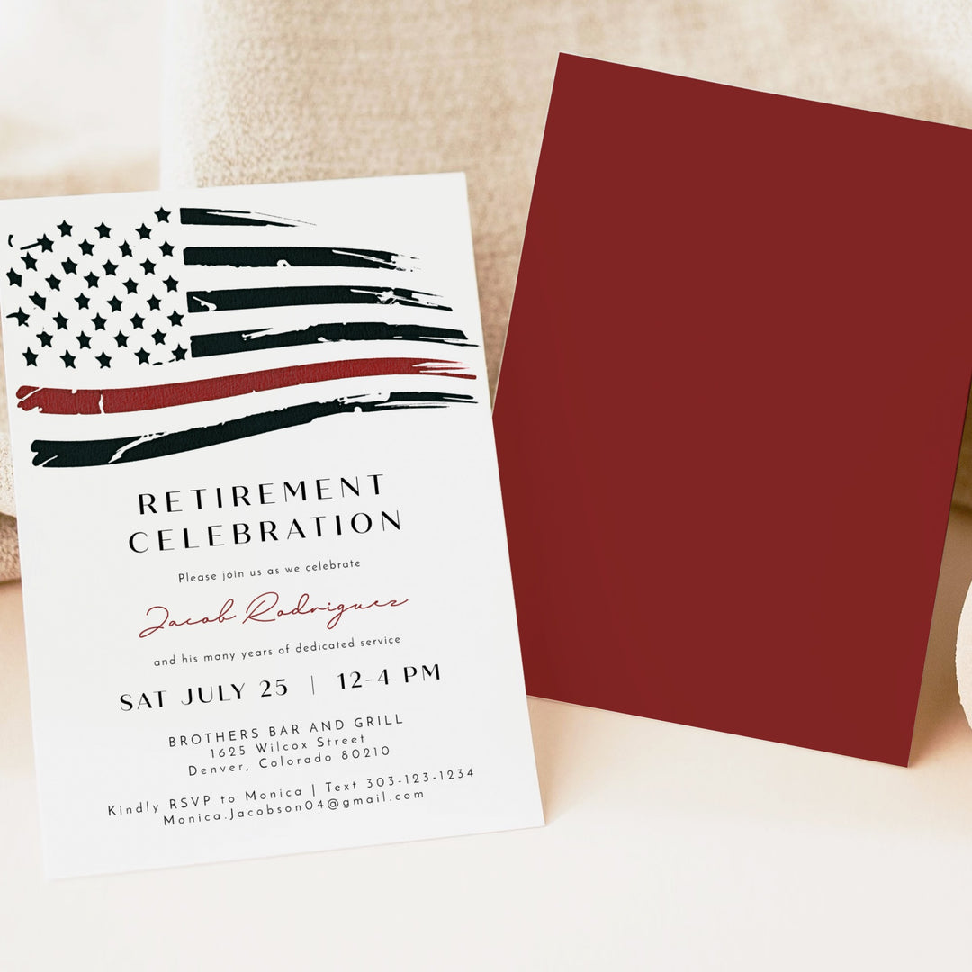 FIREFIGHTER White Thin Red Line American Flag Firefighter Retirement Party Invitation