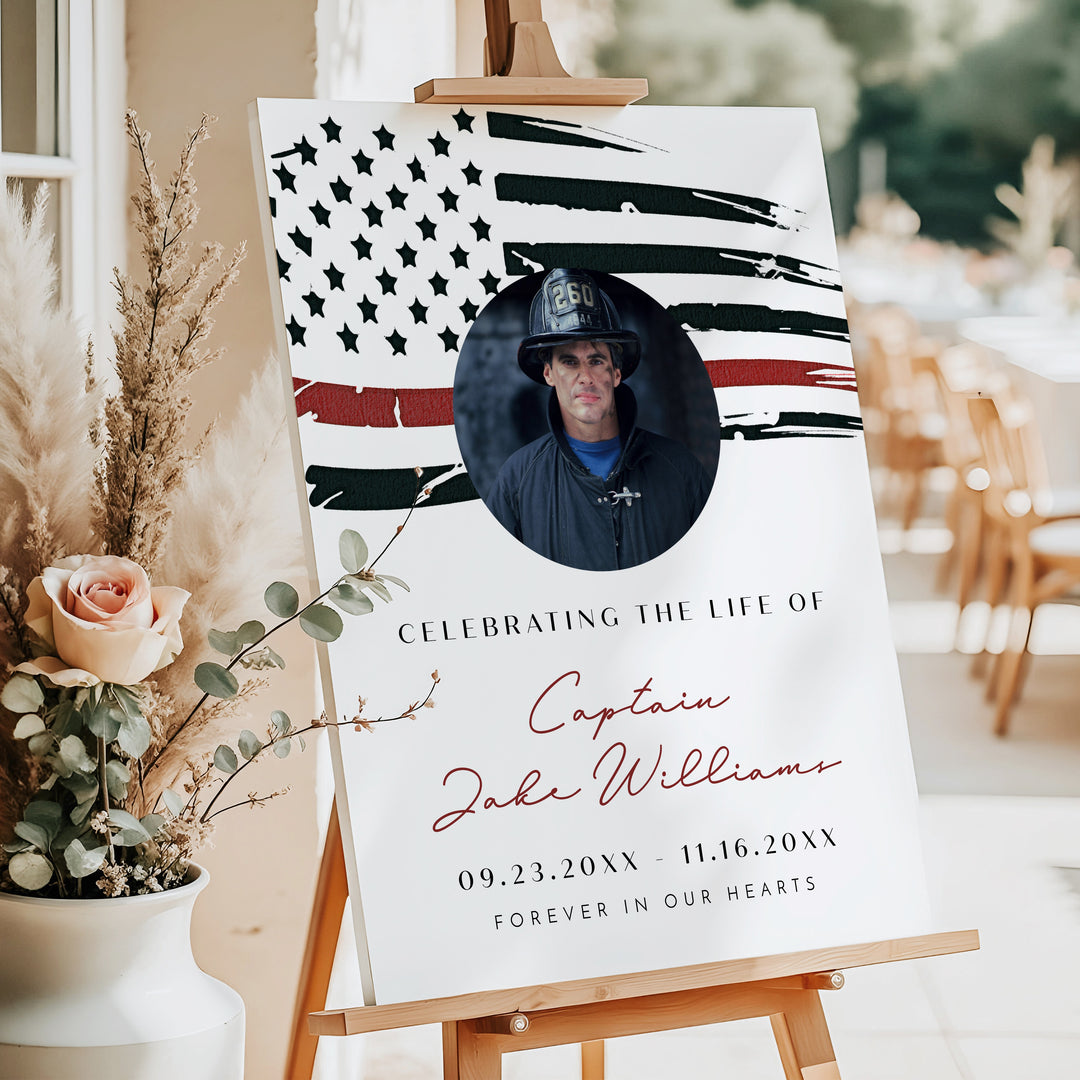 FIREFIGHTER Thin Red Line Firefighter Flag Memorial Photo Welcome Sign