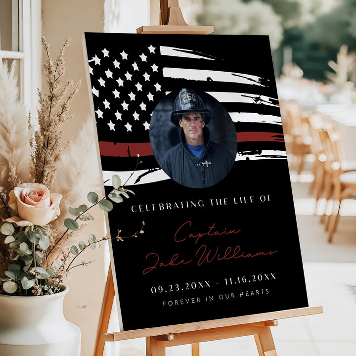 FIREFIGHTER Thin Red Line Firefighter Flag Black Memorial Photo Welcome Sign
