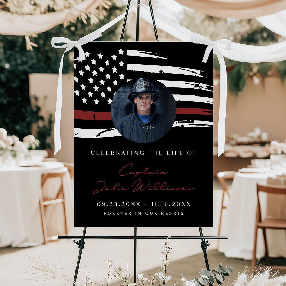 FIREFIGHTER Thin Red Line Firefighter Flag Black Memorial Photo Welcome Sign