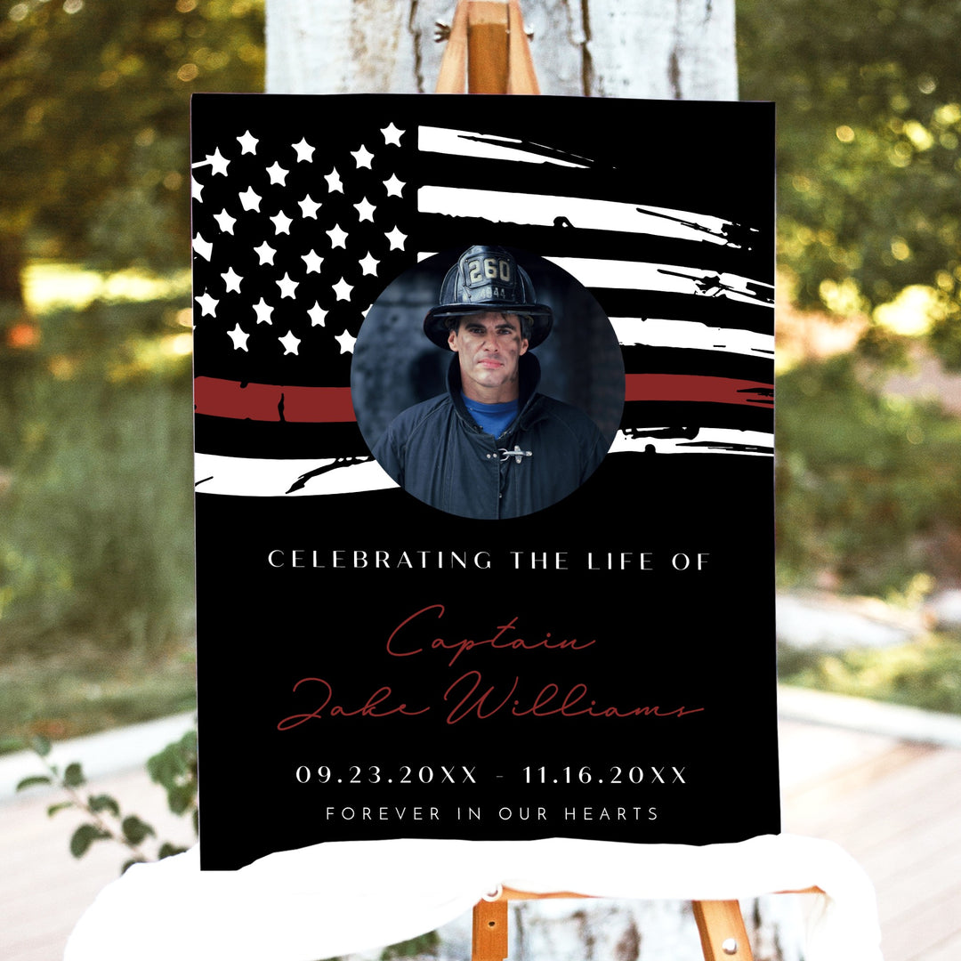 FIREFIGHTER Thin Red Line Firefighter Flag Black Memorial Photo Welcome Sign