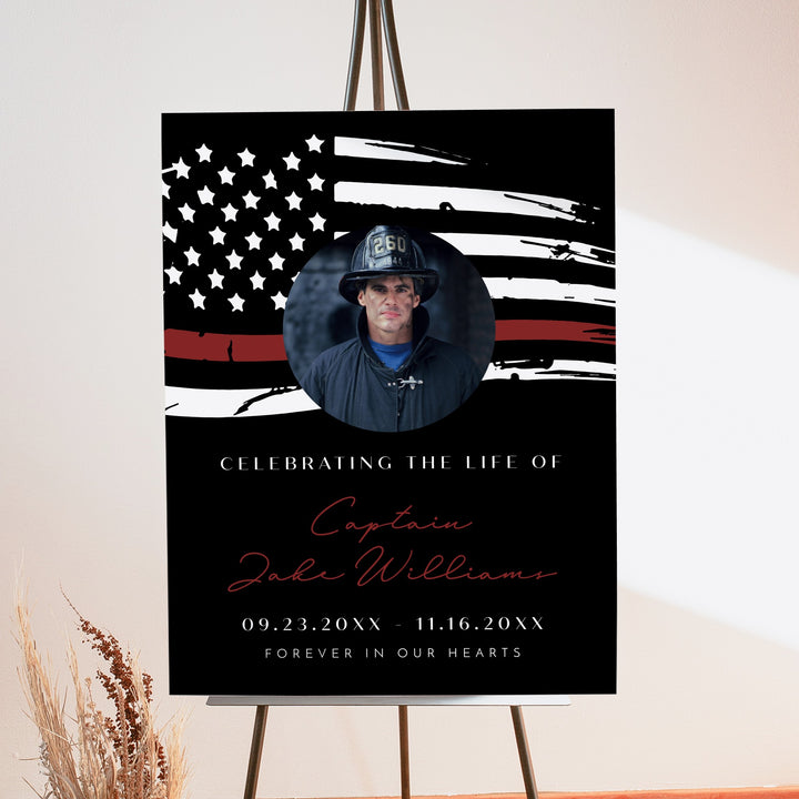 FIREFIGHTER Thin Red Line Firefighter Flag Black Memorial Photo Welcome Sign
