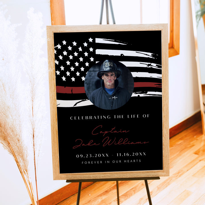 FIREFIGHTER Thin Red Line Firefighter Flag Black Memorial Photo Welcome Sign