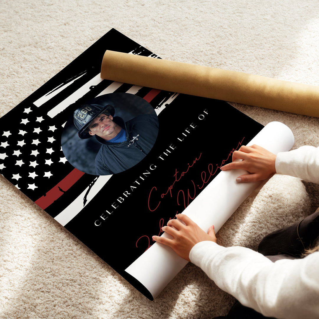 FIREFIGHTER Thin Red Line Firefighter Flag Black Memorial Photo Welcome Sign