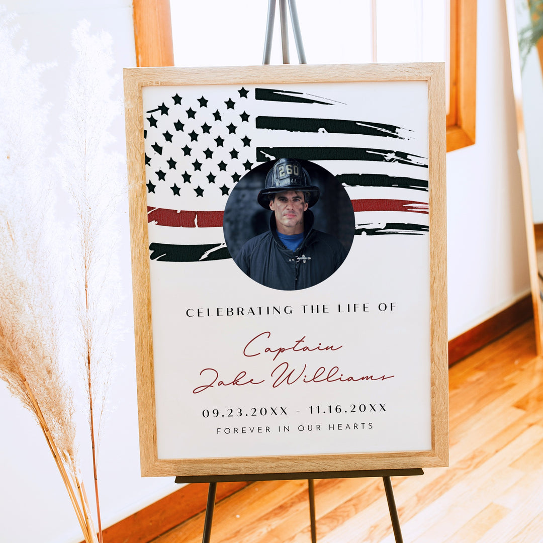 FIREFIGHTER Thin Red Line Firefighter Flag Memorial Photo Welcome Sign