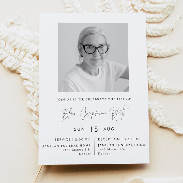 HARLOW Modern Minimalist Black & White Memorial Service Announcement with Photos