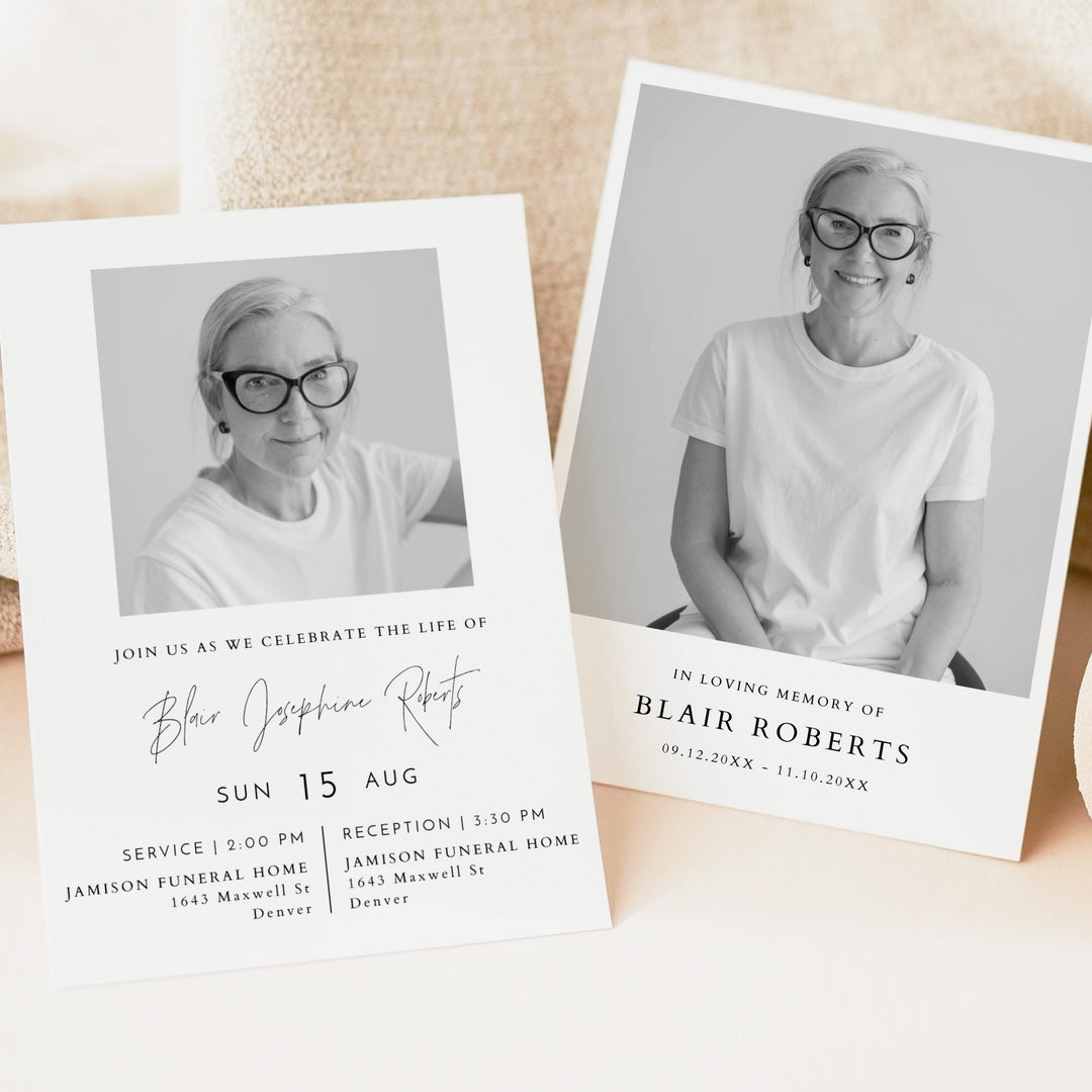 HARLOW Modern Minimalist Black & White Memorial Service Announcement with Photos