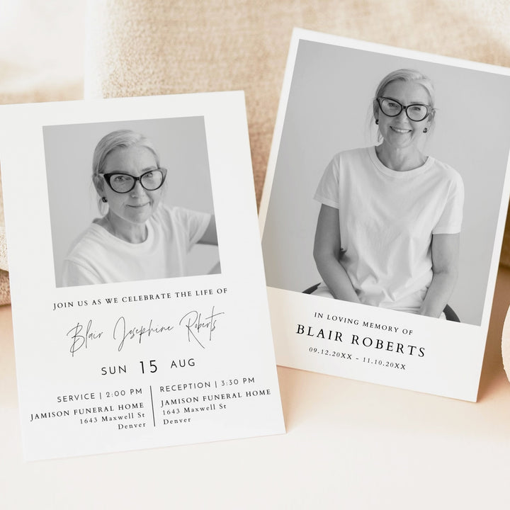 HARLOW Modern Minimalist Black & White Memorial Service Announcement with Photos