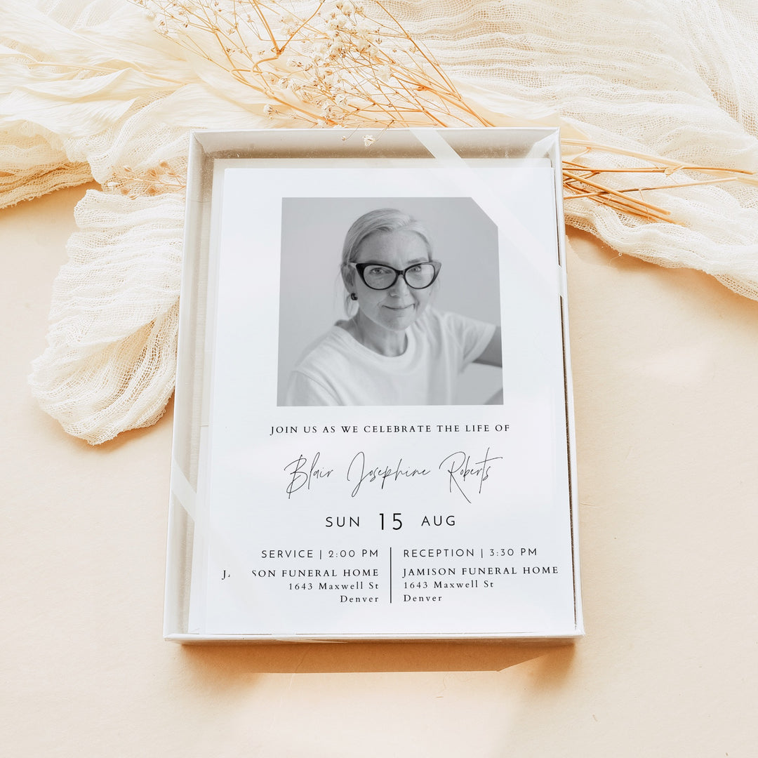 HARLOW Modern Minimalist Black & White Memorial Service Announcement with Photos