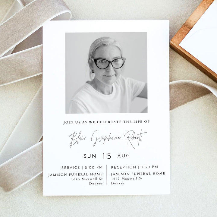 HARLOW Modern Minimalist Black & White Memorial Service Announcement with Photos