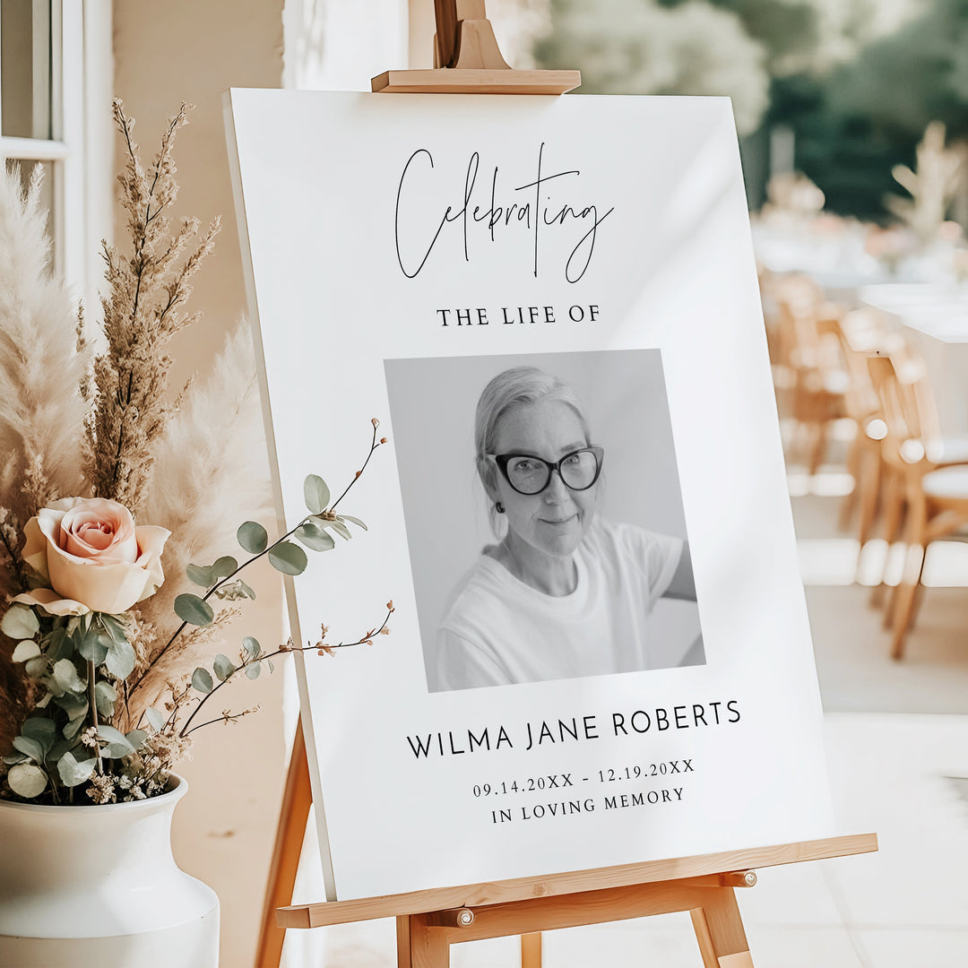 HARLOW Celebrating Life Of Minimalist Black & White Memorial Funeral Welcome Sign