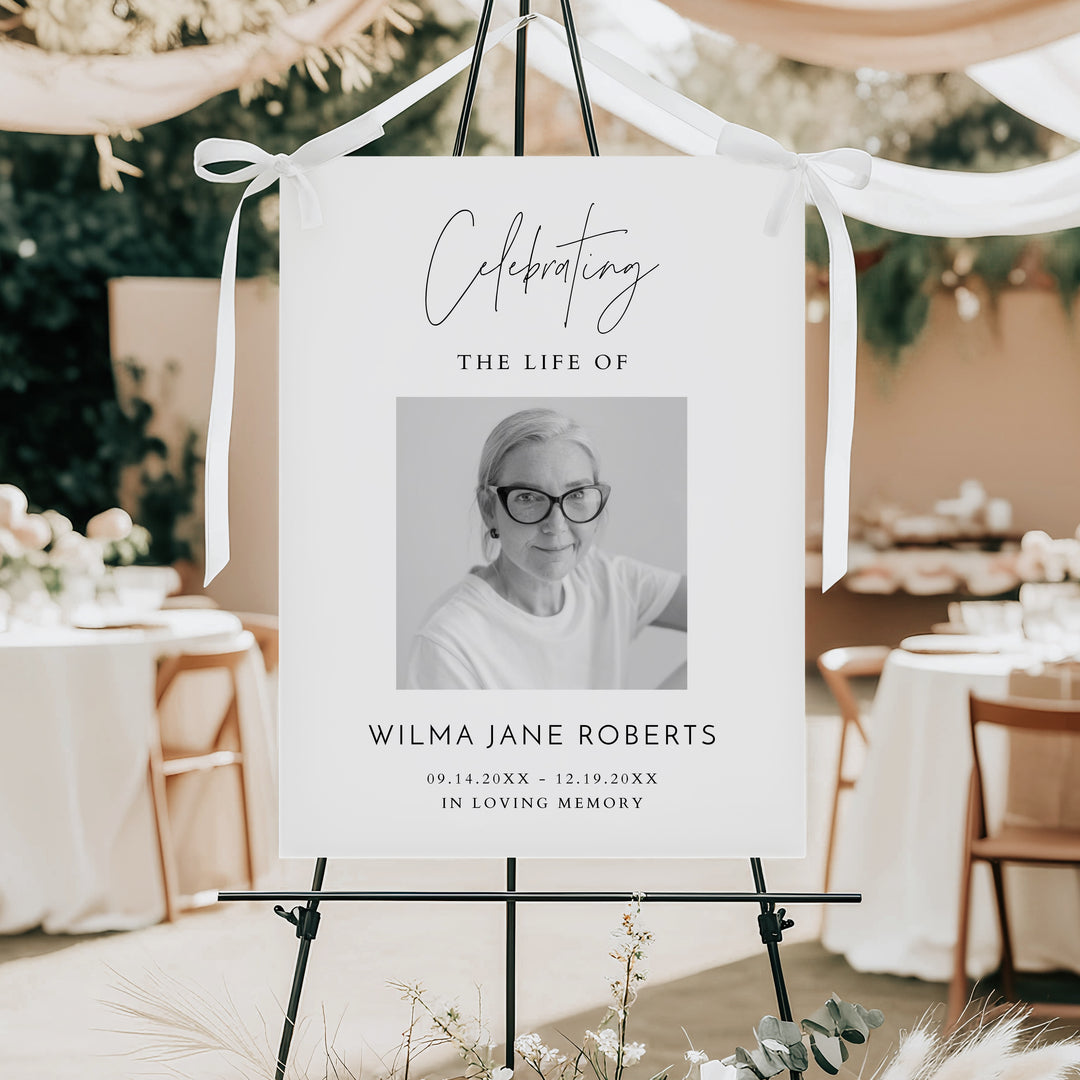 HARLOW Celebrating Life Of Minimalist Black & White Memorial Funeral Welcome Sign