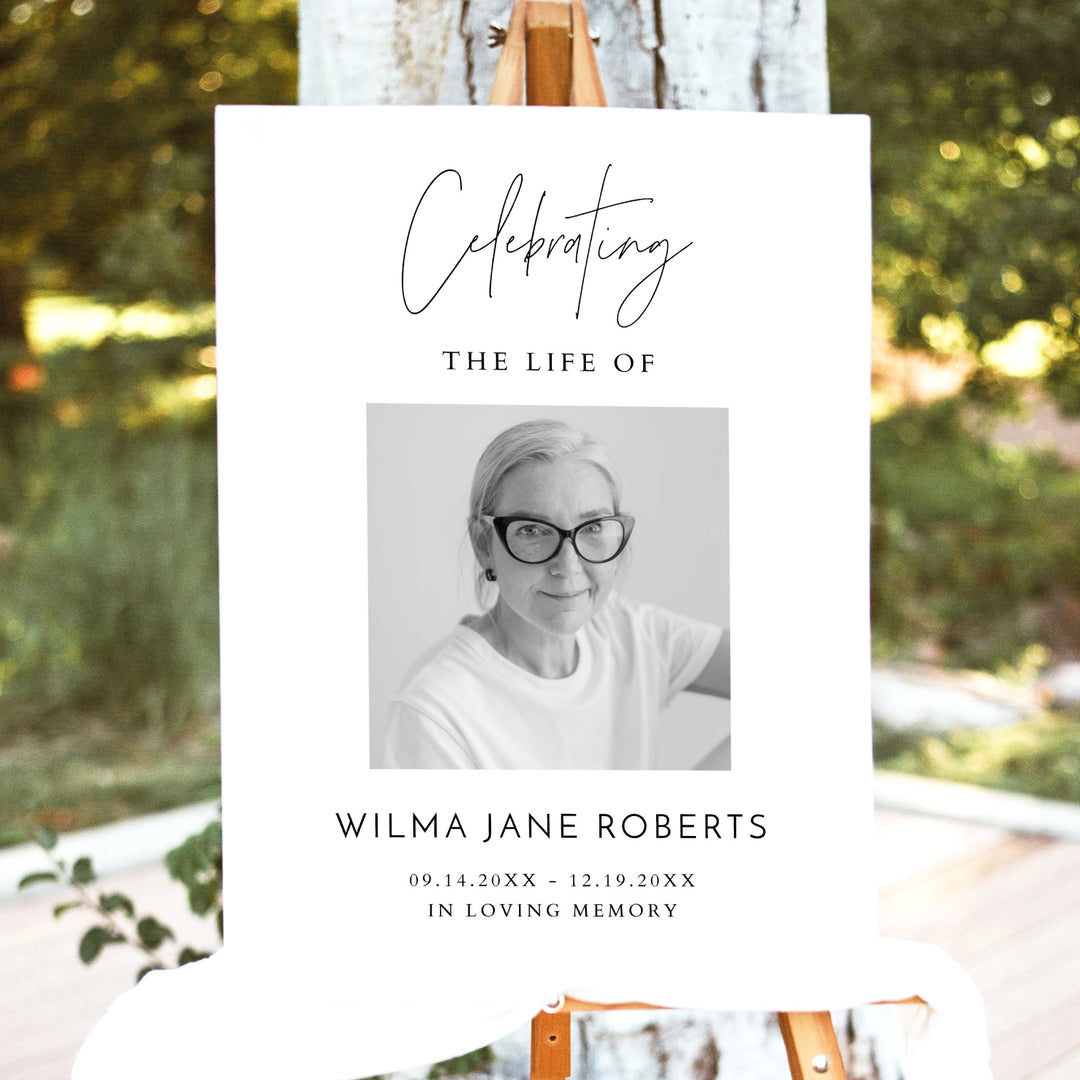 HARLOW Celebrating Life Of Minimalist Black & White Memorial Funeral Welcome Sign