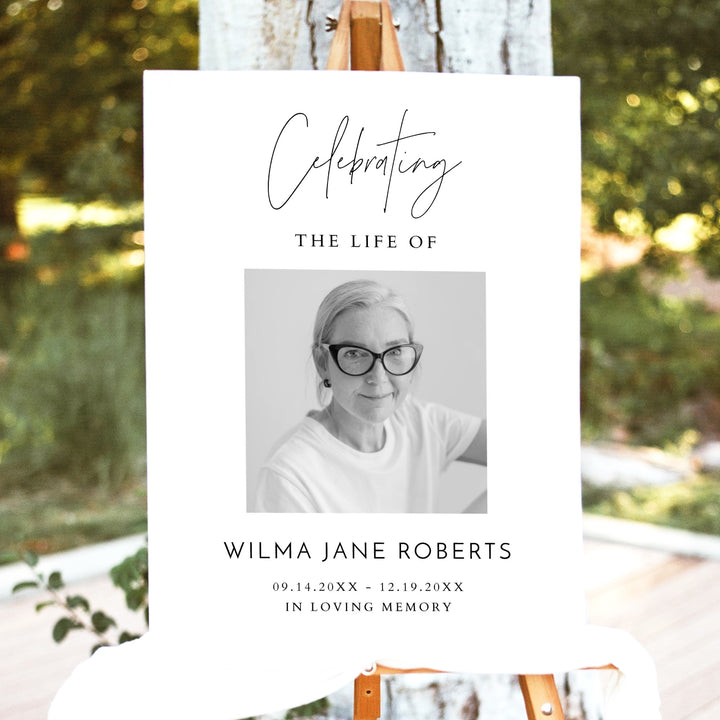 HARLOW Celebrating Life Of Minimalist Black & White Memorial Funeral Welcome Sign