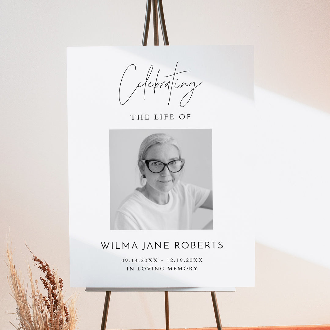 HARLOW Celebrating Life Of Minimalist Black & White Memorial Funeral Welcome Sign