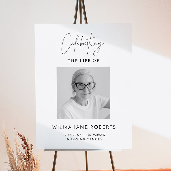 HARLOW Celebrating Life Of Minimalist Black & White Memorial Funeral Welcome Sign