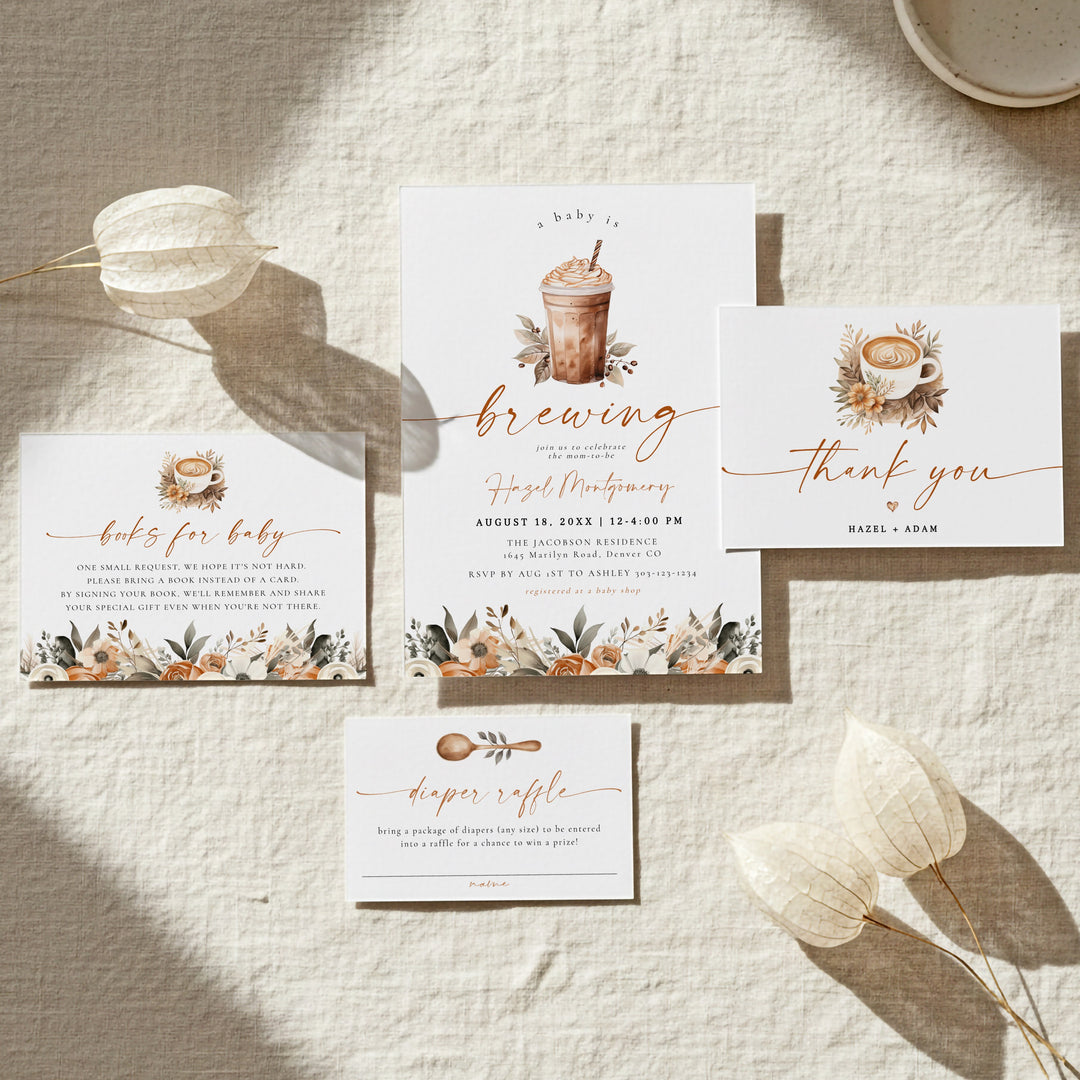 HAZEL Baby Brewing Coffee Latte Baby Shower Invitation Bundle