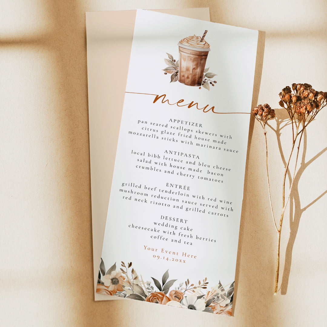 HAZEL Coffee Frappe & Fall Floral Brunch Menu Cards
