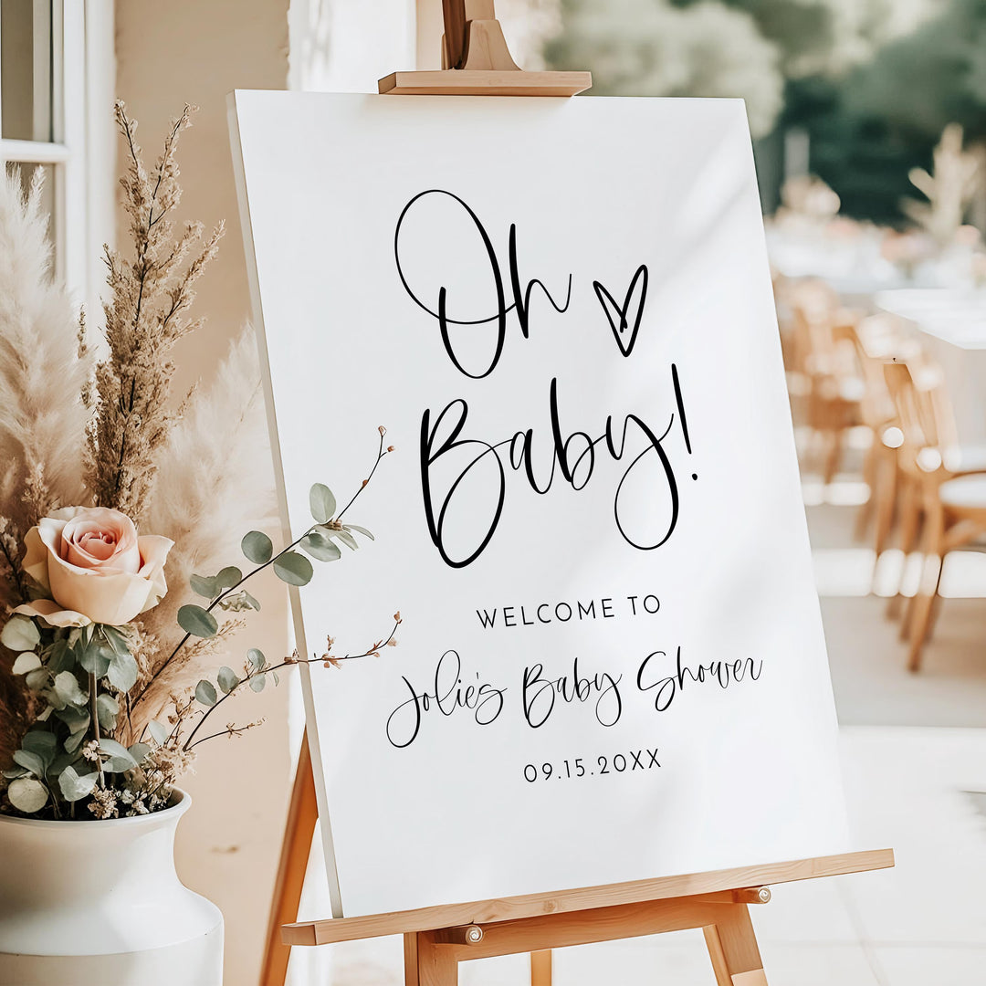 JOLIE Oh Baby Black & White Minimalist Baby Shower Welcome Sign