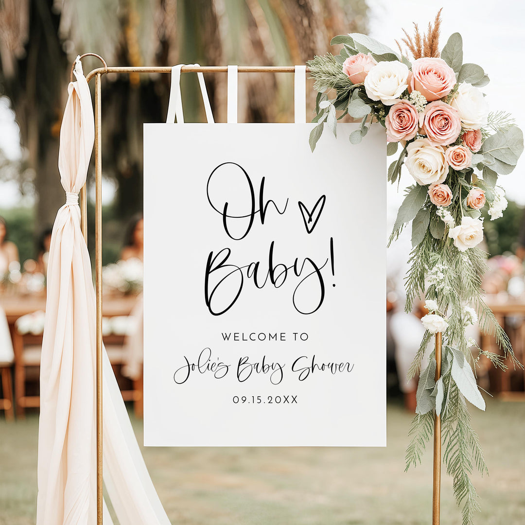JOLIE Oh Baby Black & White Minimalist Baby Shower Welcome Sign