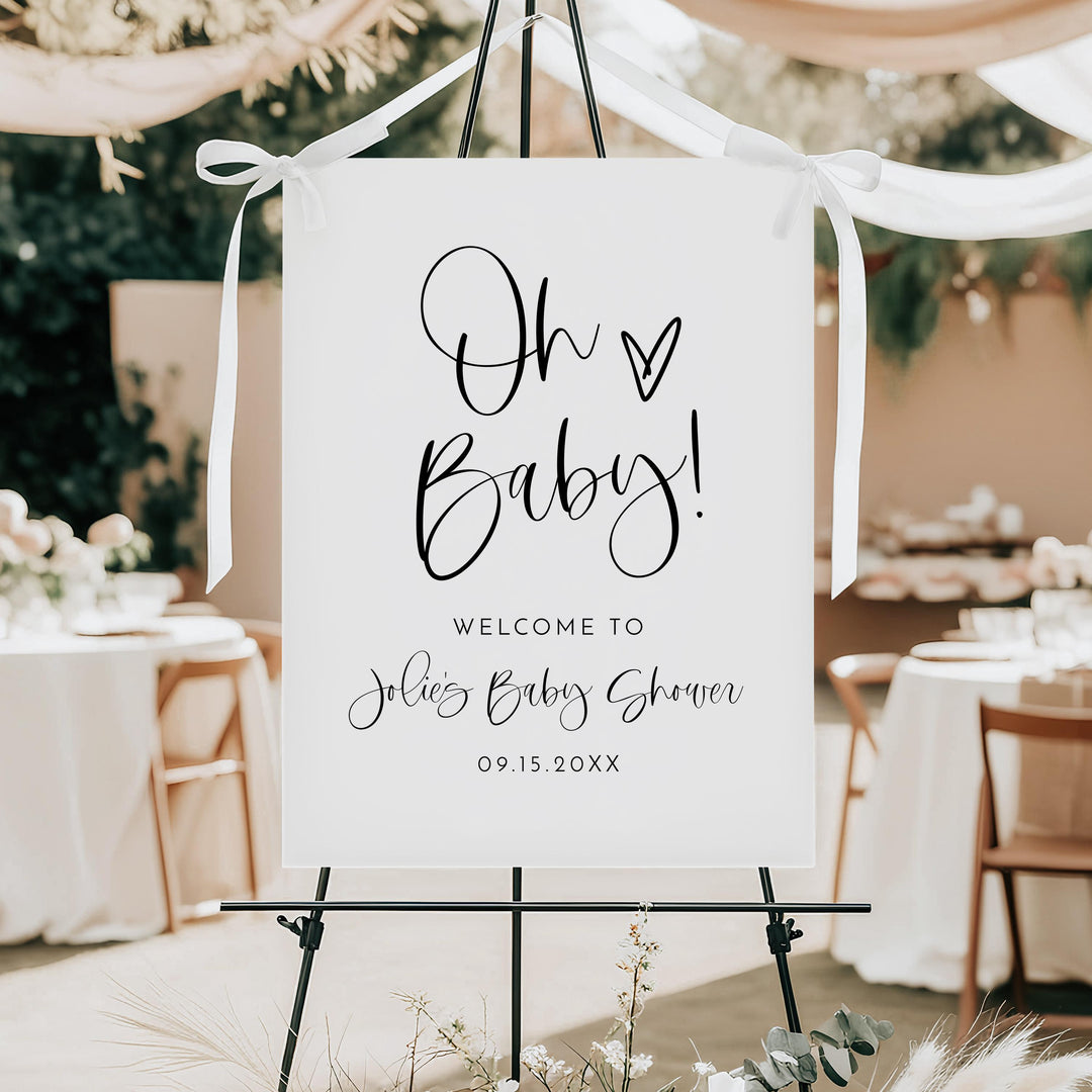 JOLIE Oh Baby Black & White Minimalist Baby Shower Welcome Sign