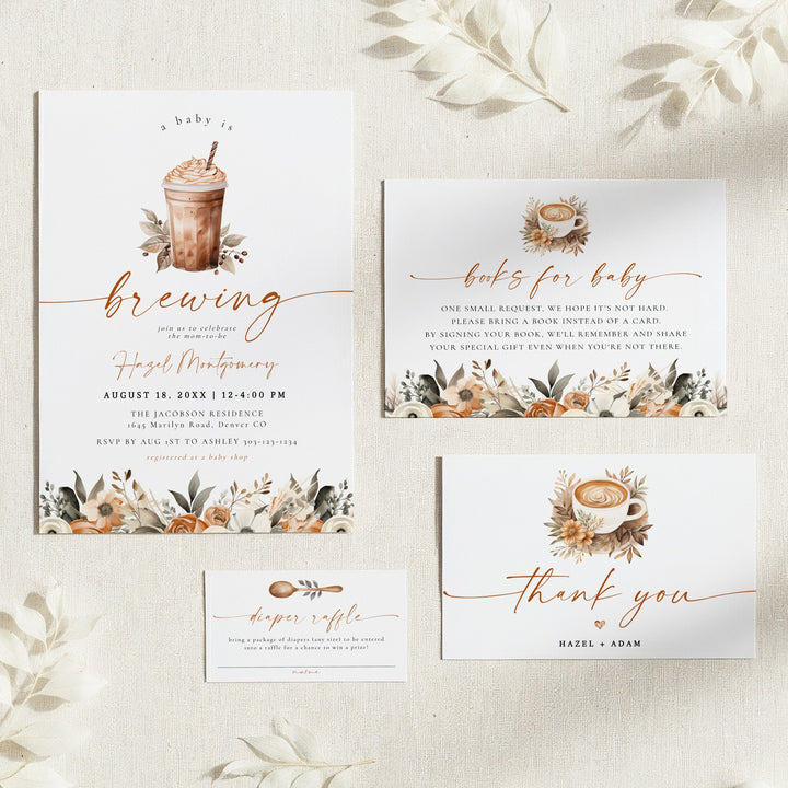 HAZEL Baby Brewing Coffee Latte Baby Shower Invitation Bundle